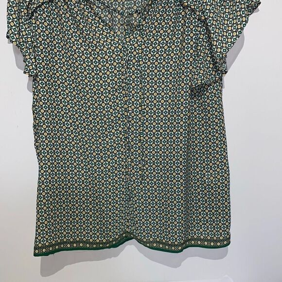 Max Studio Women's Green Yellow Geometric Chiffon Tie Neck Blouse Top Size Large - Picture 2 of 9